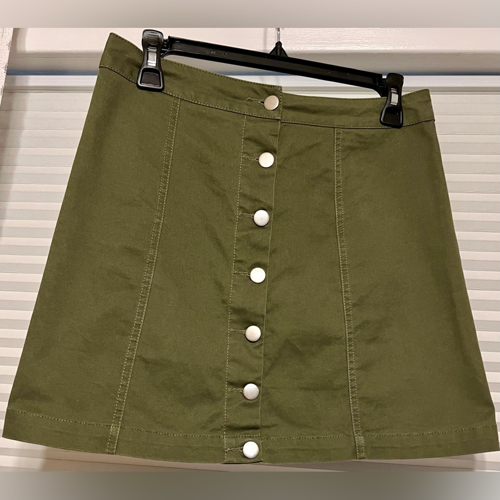 NUDE Brand Army Green Button Front Mini Skirt Denim Slight Stretch Size Medium - Picture 10 of 13